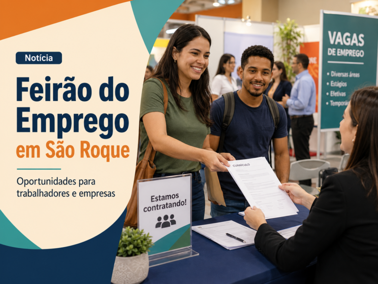 Candidata entrega currículo a recrutadora durante Feirão do Emprego em São Roque.