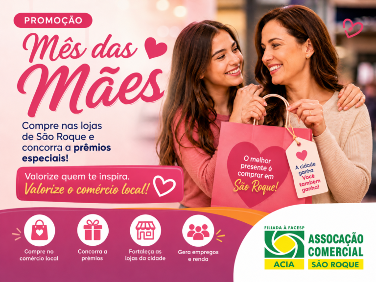 Mãe e filha sorrindo com sacola de compras em campanha do Mês das Mães da ACIA São Roque.