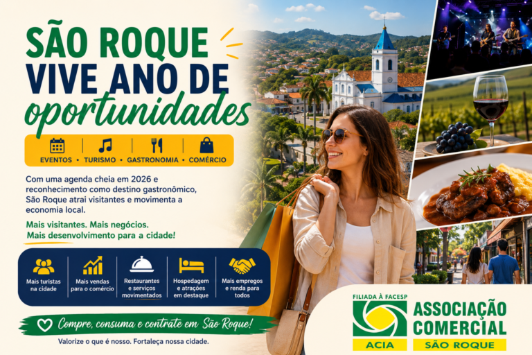 Imagem promocional sobre turismo, eventos, gastronomia e comércio em São Roque.
