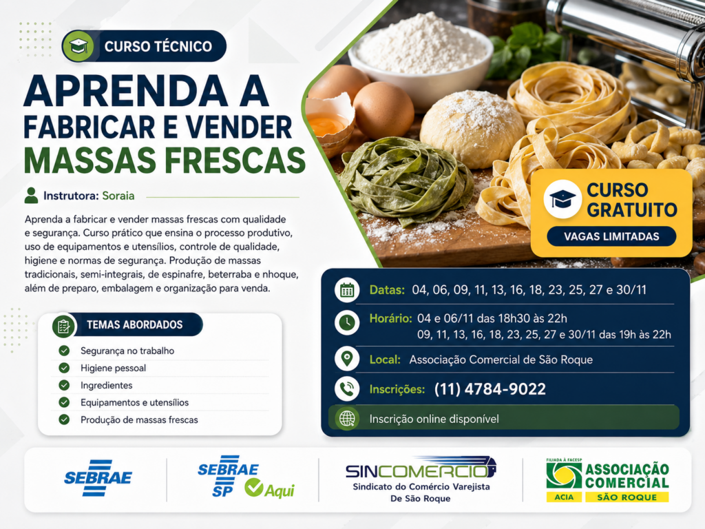 Cartaz do curso de fabricação e venda de massas frescas